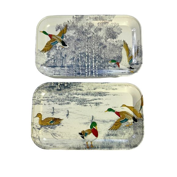 Vintage MASSILY Stamped Metal Outdoor Duck Pond Wood Scene Snack Trays Set of 2 - Picture 2 of 10